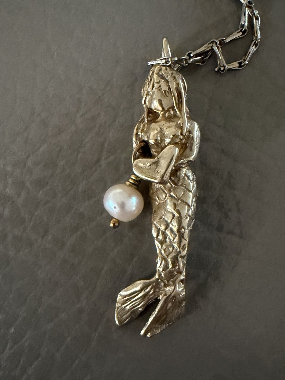 MERMAID with Pearl Gold Filled PENDANT on Gold Plate CHAIN Holding Heart