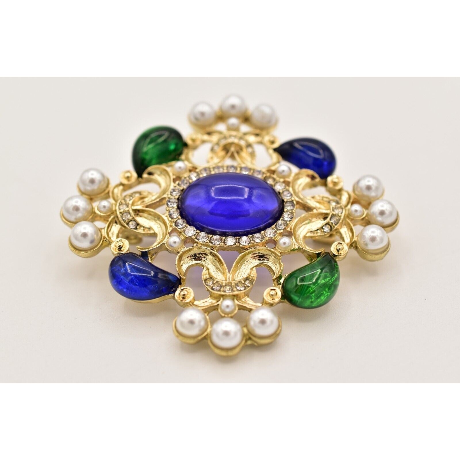 Vintage Cabochon Brooch Pin Faux Pearl White Blue Green Gold Chunky 1990s BinBG