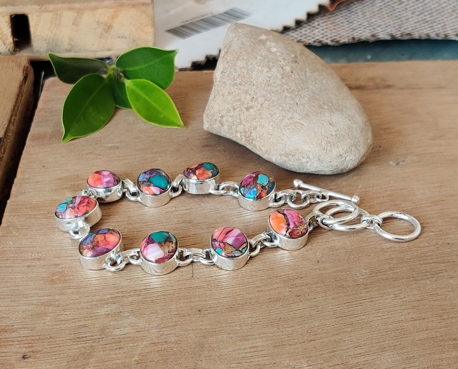 Pink Oyster Copper Turquoise Gemstone 925 Sterling Silver Women Bracelet MO+1021