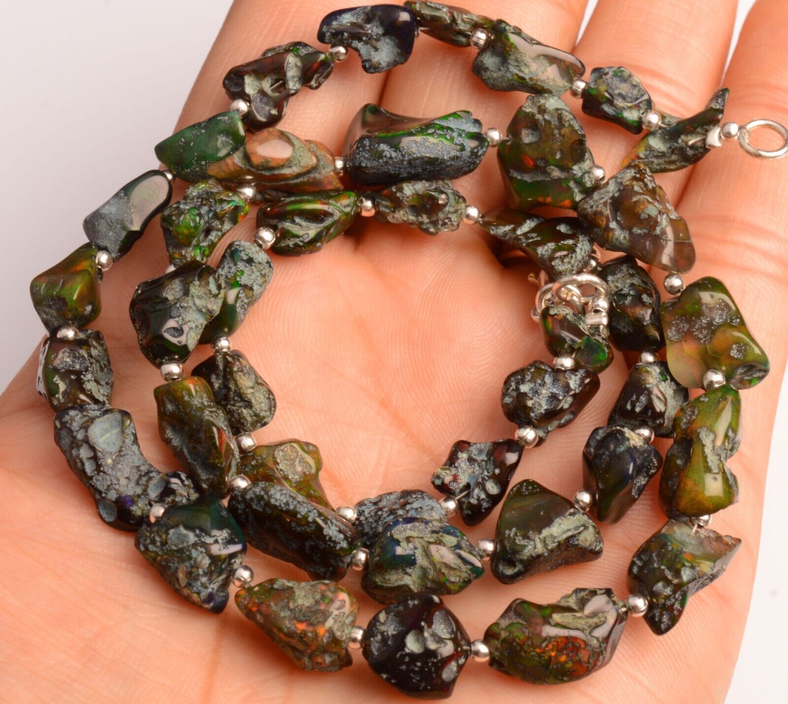 Natural Gem Black Fire Opal 9 to 15 mm Size Rough Nugget Beads 19″ Necklace