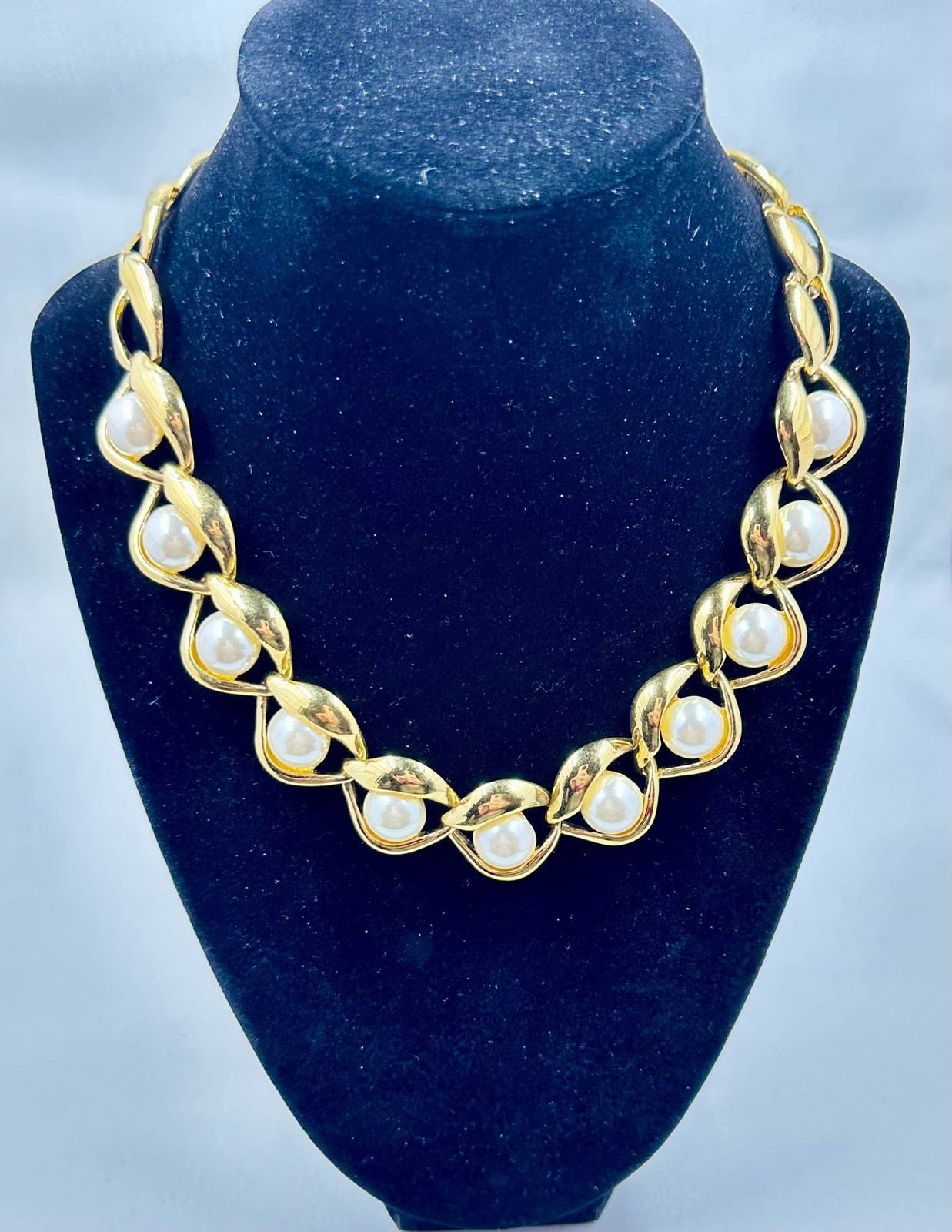 Vintage Napier Gold Tone Chain Link Necklace with Faux Pearls