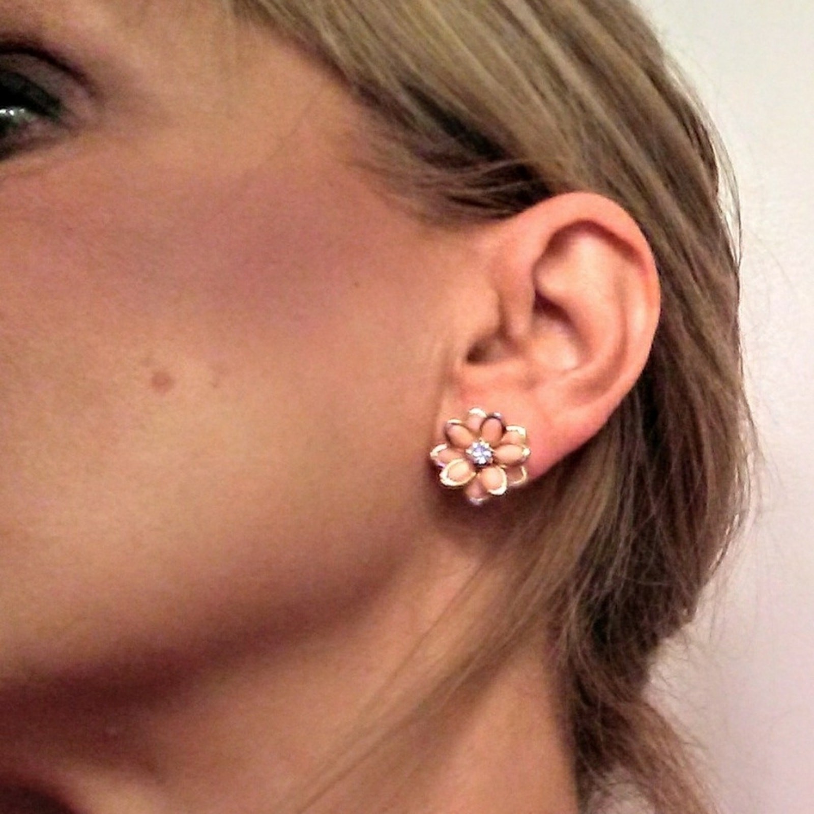 Camelia Flower Blossom Earrings Peach color Simulated Diamonds Fairygoth Wedding