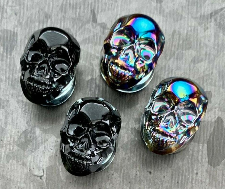 PAIR of Skull Front Pyrex Glass Plugs Gauges Tunnels Body Jewelry