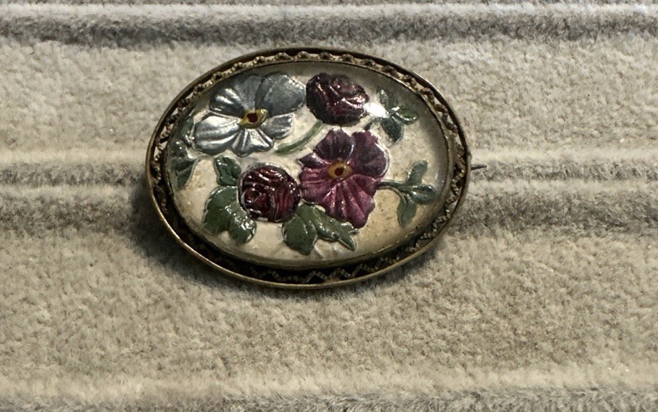 Antique Goofus Glass Dome Reverse Painted Floral Oval Brooch