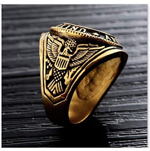 Stainless Steel Gold US Army Ring – Army Seal Biker Ring W/ US Army Flag & Eagle