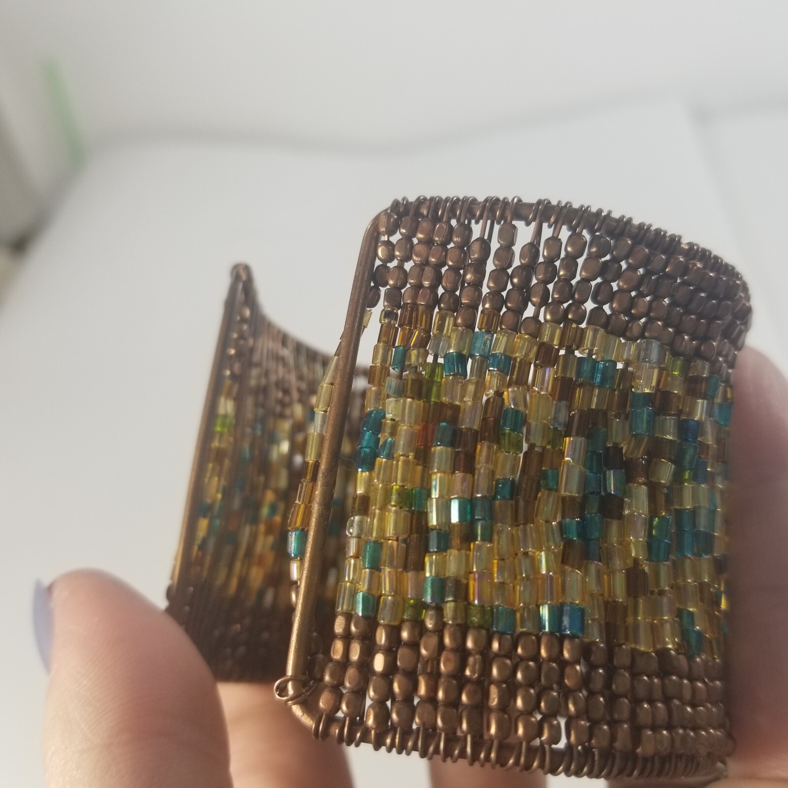 Beaded Wrap Cuff Bracelet Bronze Tone Seed Beads Flexible Fit Wide