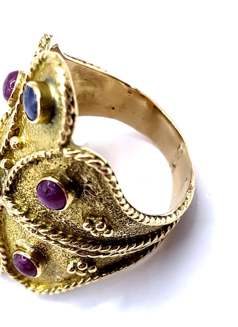 18K Yellow Gold Etruscan Byzantine Ruby & Sapphire Ring