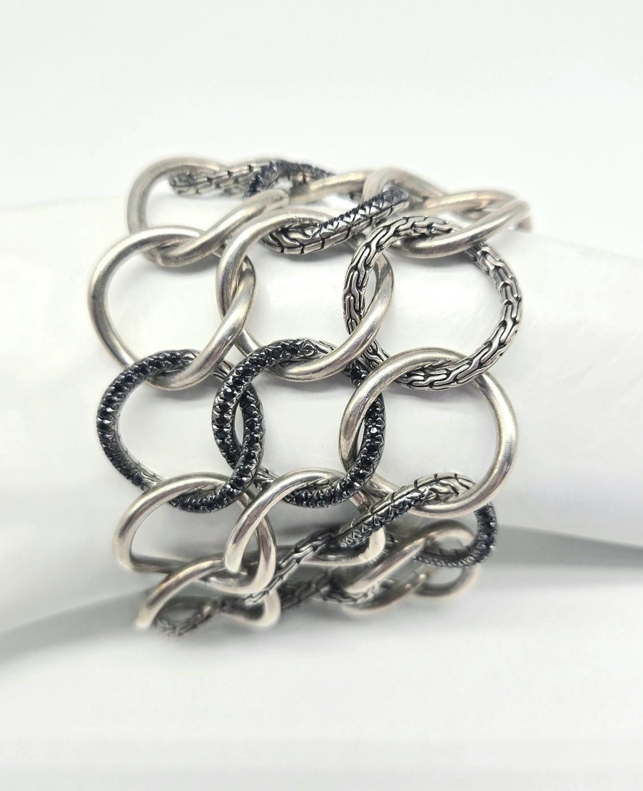 John Hardy Sapphire Link Bracelet Sterling Silver 2.34ctw 114g Wide Statement