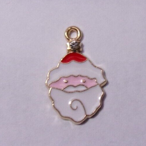 Red, White & Pink Enamel, Clear Rhinestone & Gold Tone Santa Claus Pendant Charm