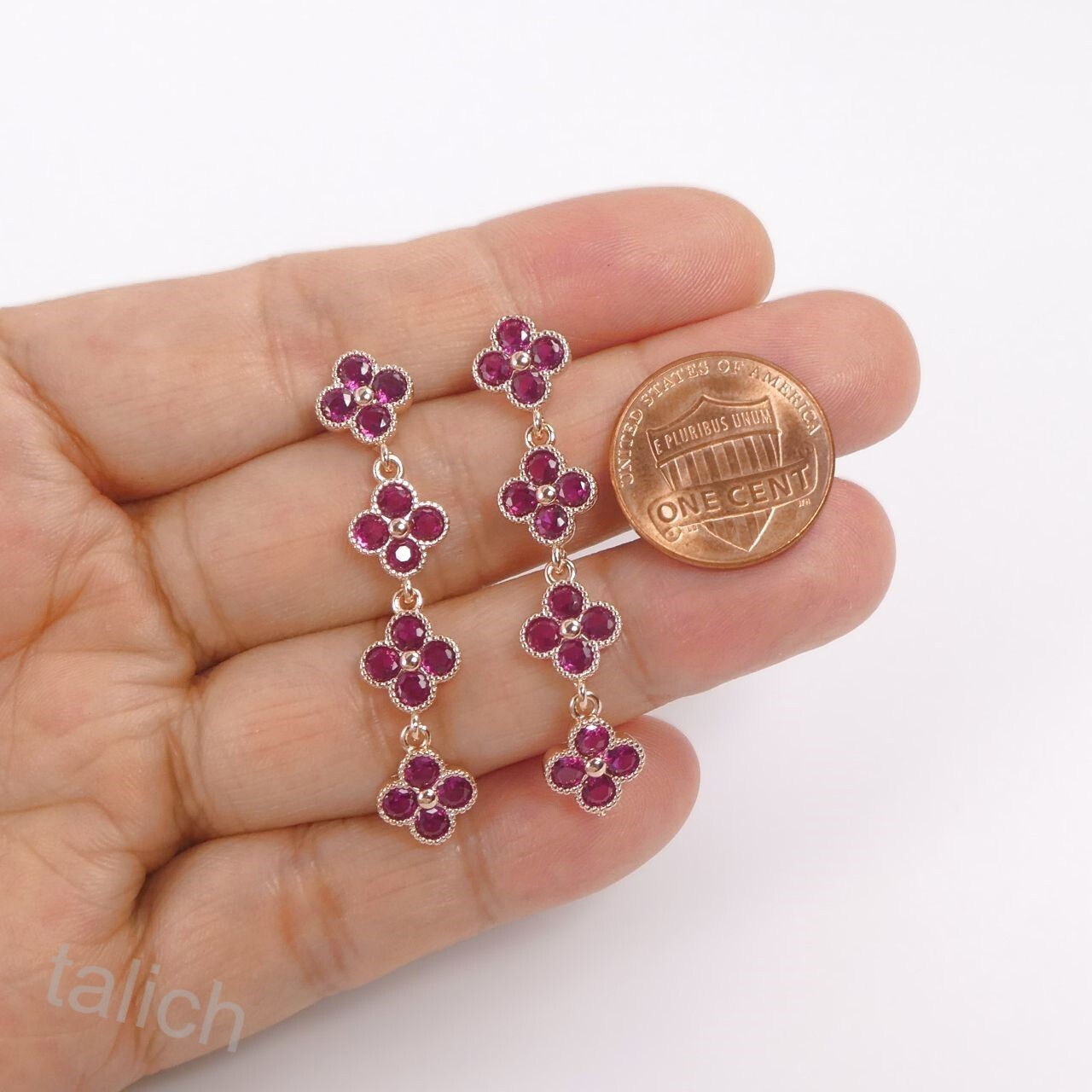 Rose Gold Plated Hot Pink Fuchsia CZ Cubic Zirconia Linear Flower Long Earrings