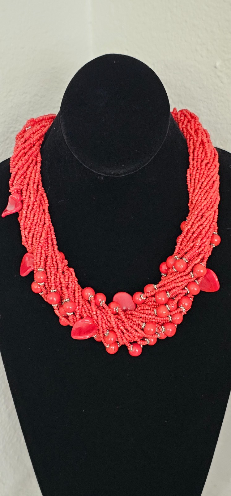 Hand made 30 strand tiny red coral bead fashion necklace great statement pc 21”