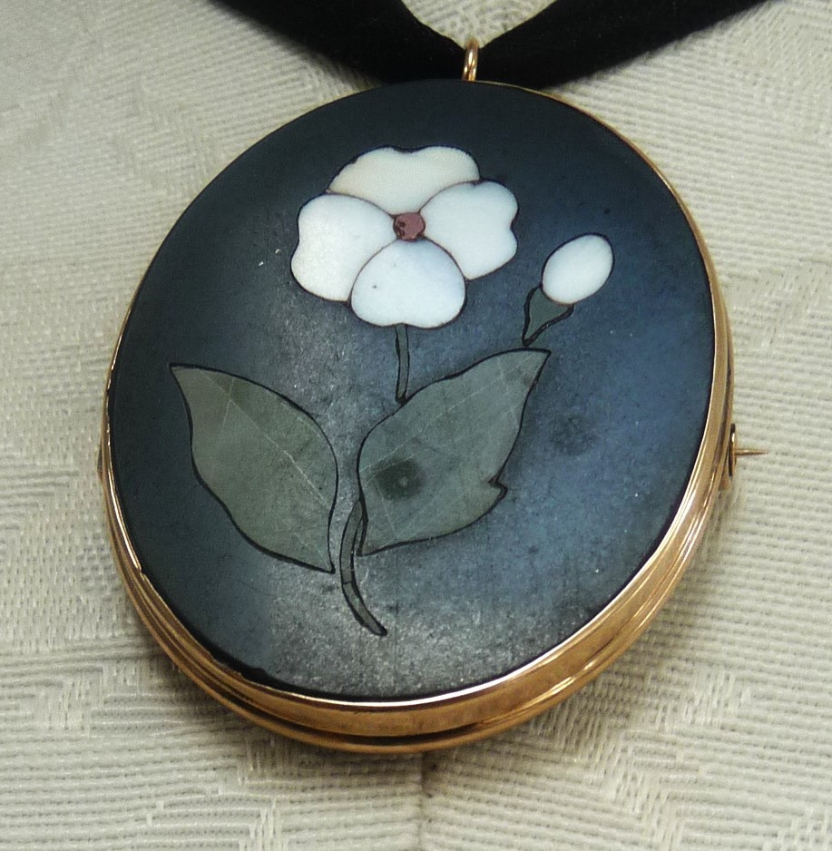 GORGEOUS ANTIQUE 10K PIETRA DURA MOSAIC GEMSTONE FLORAL MOURNING PIN PENDANT!