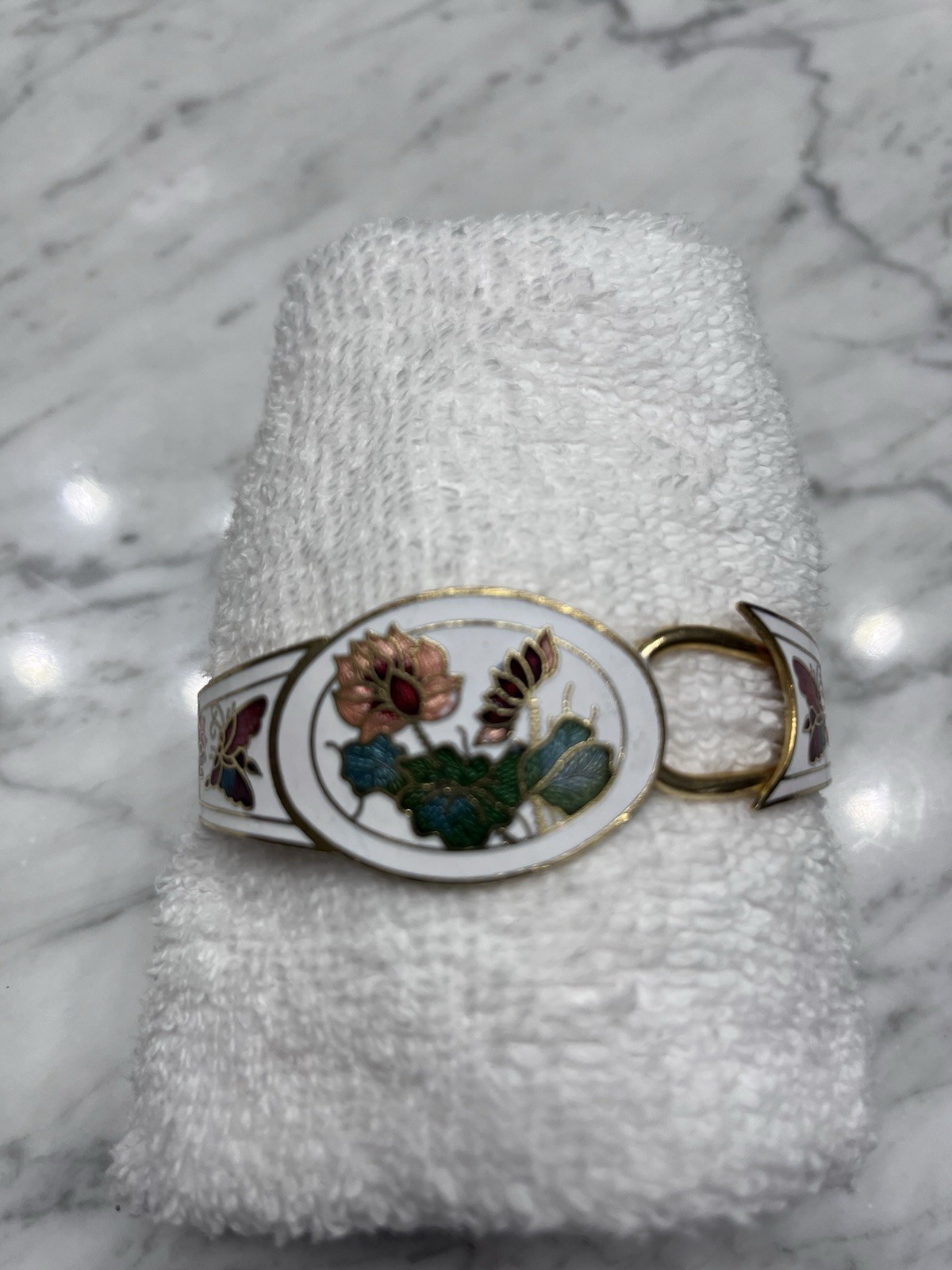Vintage Butterfly Cloisonné Hinged Clamper Bracelet White Blue Floral 7.5”