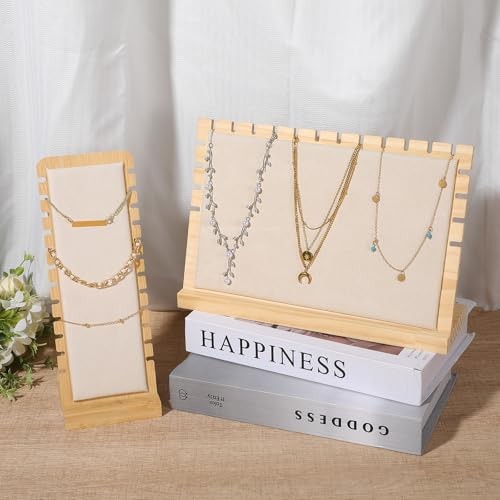 4PCS Bamboo Wood 12-Slot Necklace Display Stands with Beige Velvet, Permanent