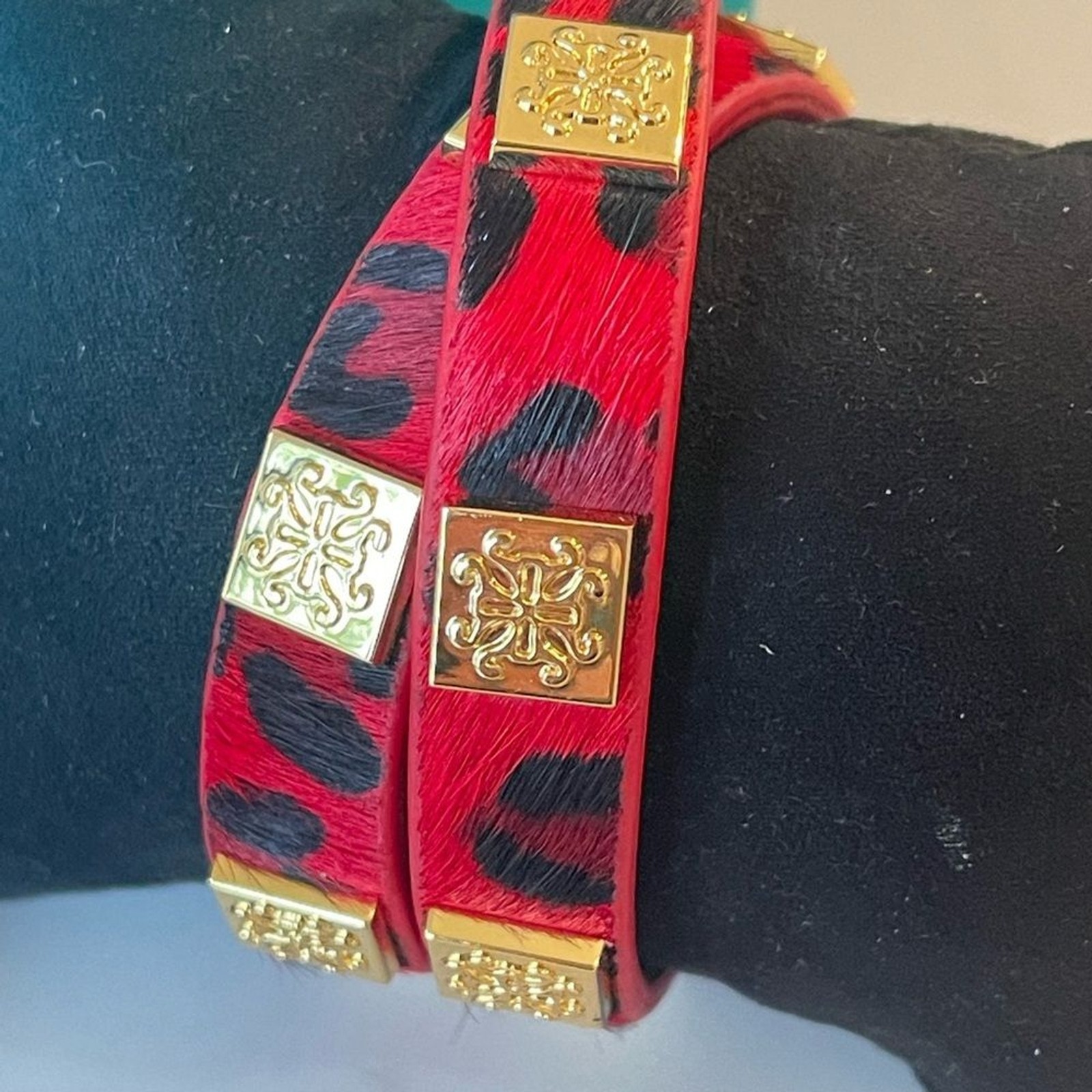 Rustic Cuff Brown Red Calf Skin Double Leather Wrap Gold Tone With Bag & Pouch