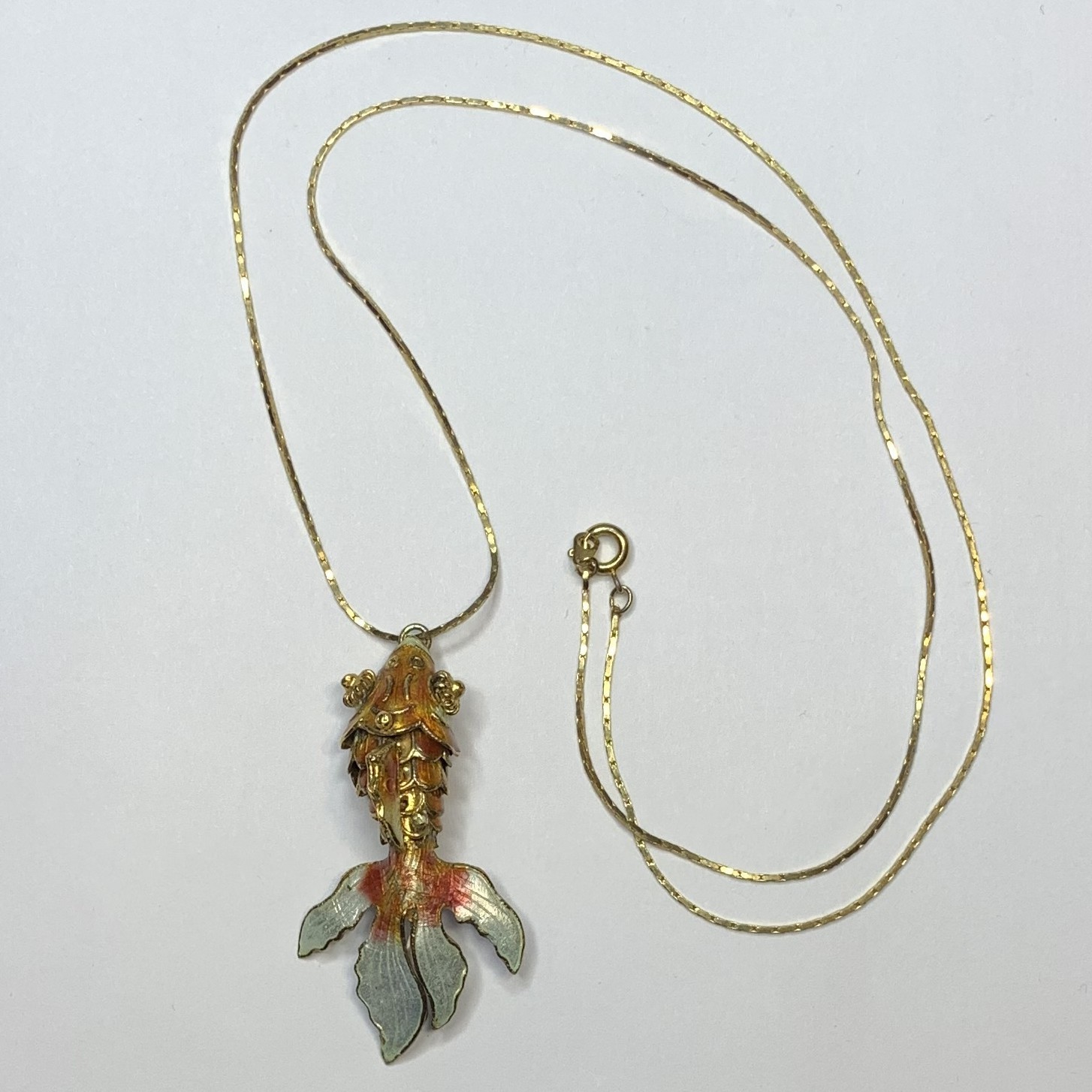 Vintage Articulated Koi Fish Pendant Necklace Cloisonne Enamel Gold Tone 23.5”