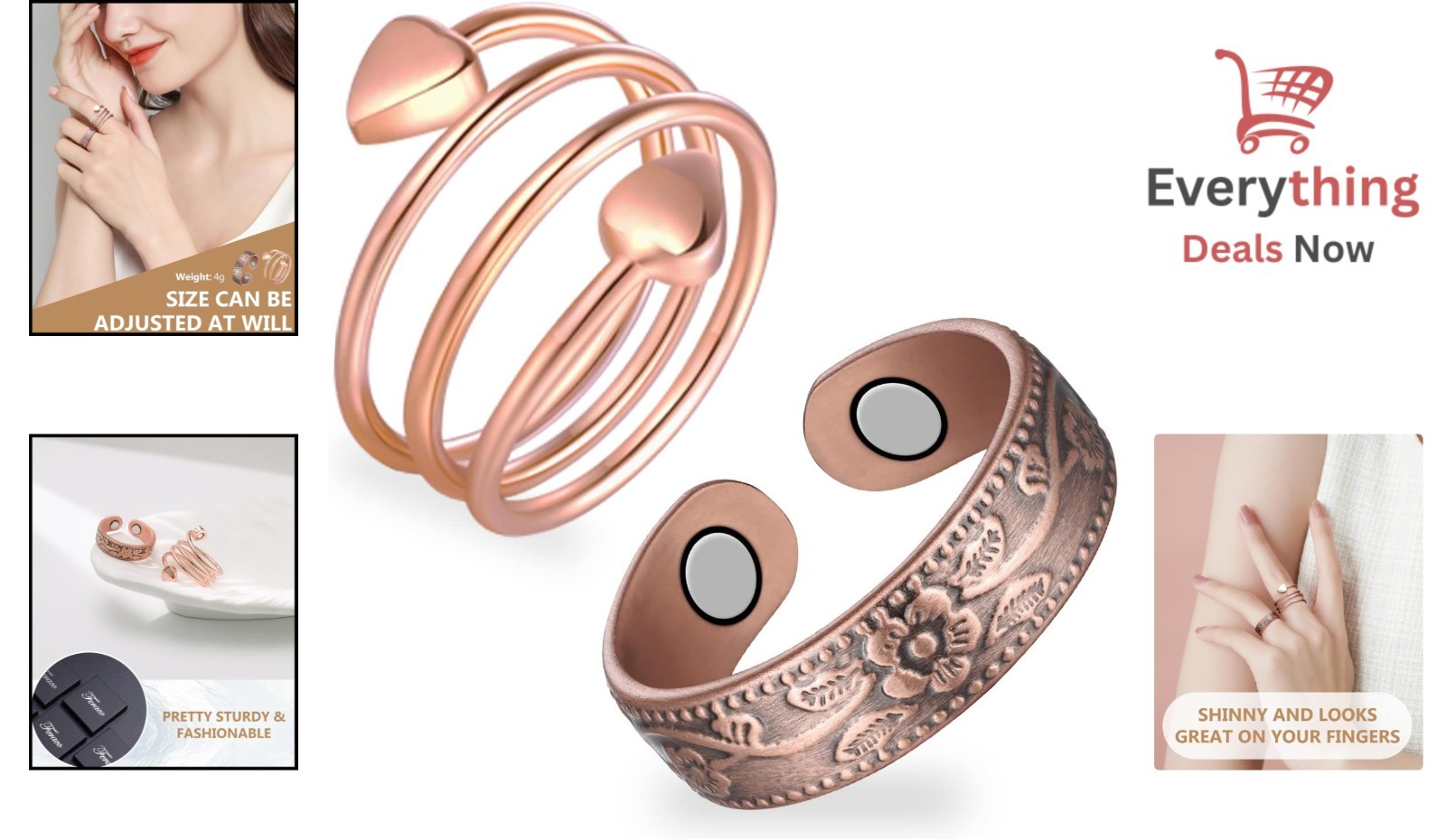 2x Copper Magnetic Rings For Women Adjustable Lymphatic Drainage Thumb Jewelry