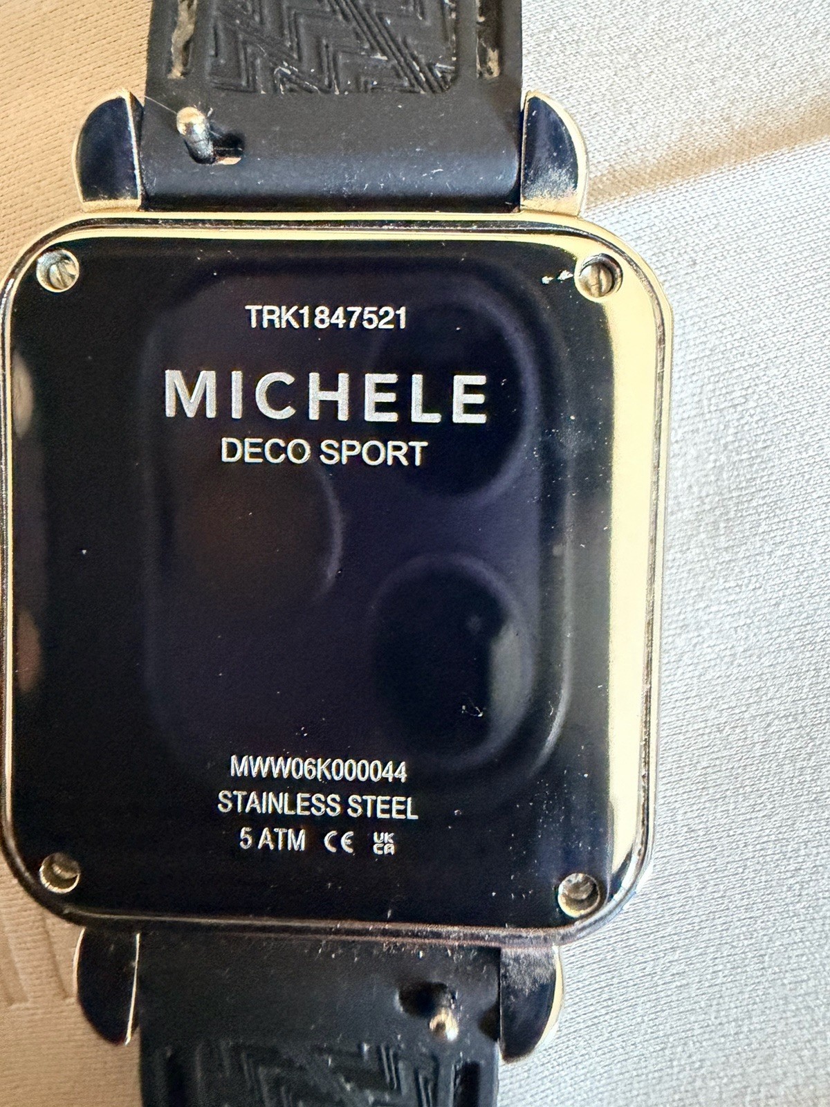 MICHELE Women’s Deco Sport Stainless Steel Watch Black Embossed Strap 34mm