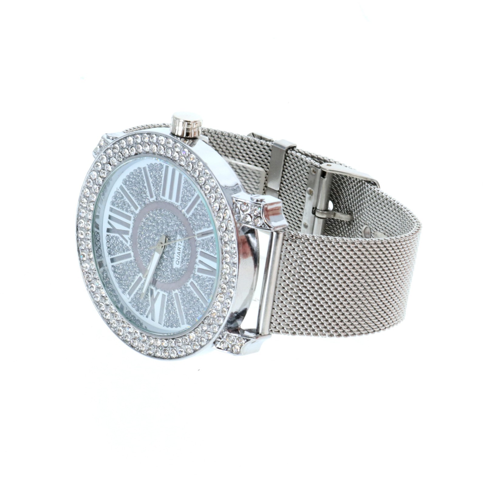 Hip Hop Iced Silver Finish Fashion Metal Mesh Band Bling Watch