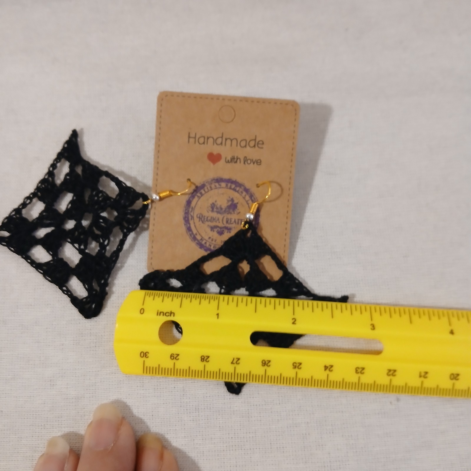Handmade Black Crochet Lace Earrings, Geometric Dangle, Boho Statement Jewelry