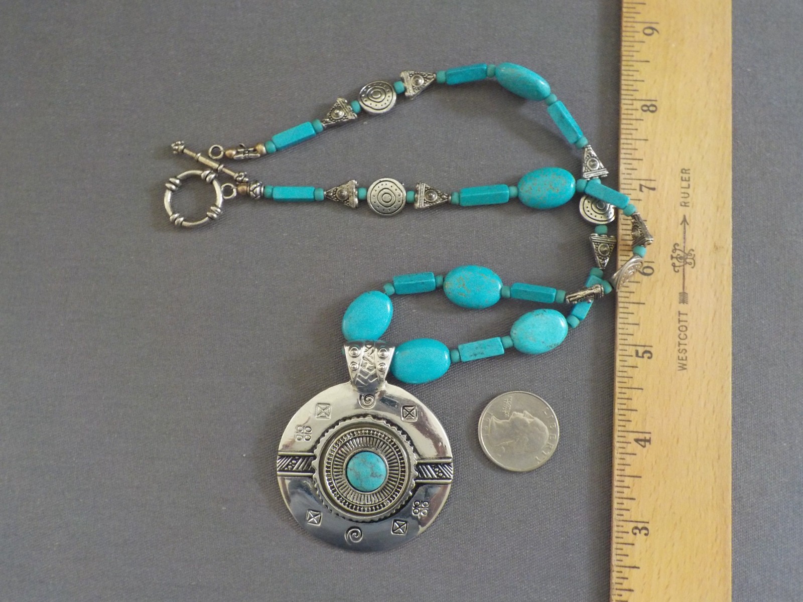 Faux Turquoise Pendant Necklace Round Silver Tone Metal 20″ Long Oval Dyed Stone