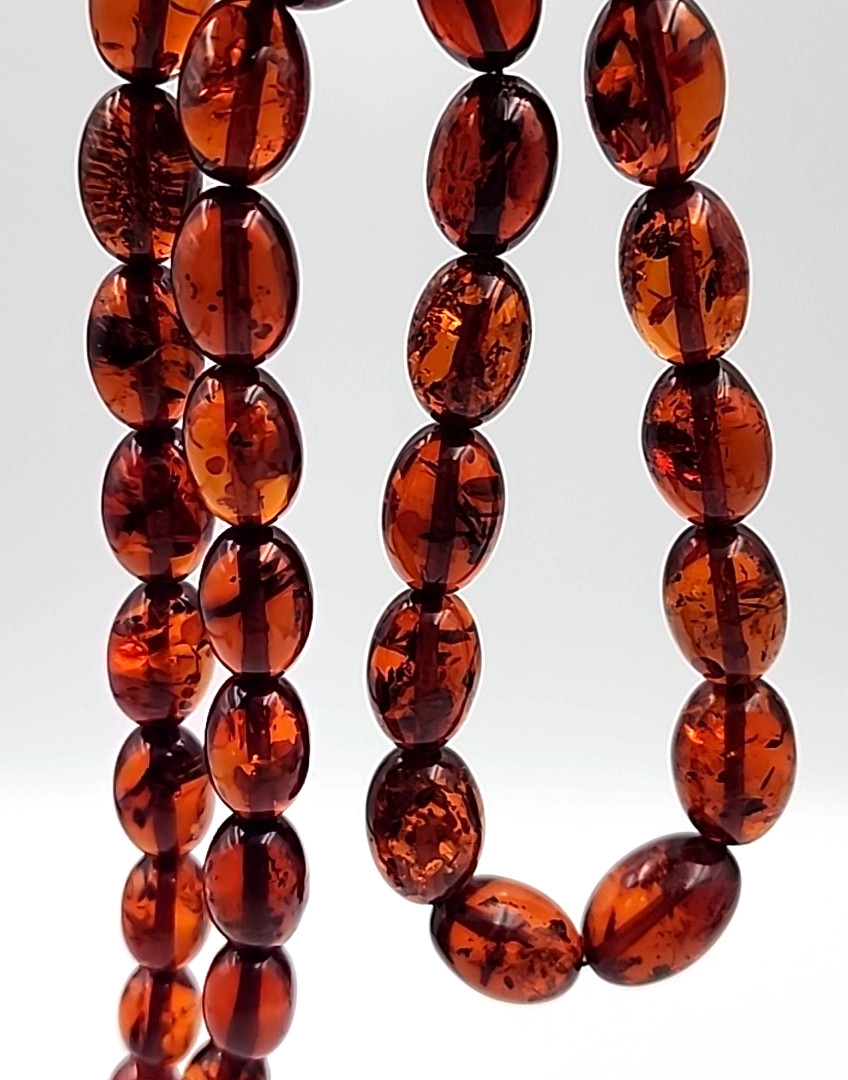 Pressed Amber Oval Bead Necklace Cognac Barrel Clasp 18.5 in Vintage