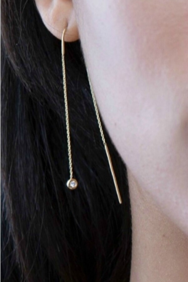 Diamond Threader Earrings 14K Solid Gold Pull Through Long Chain Dangle Drop
