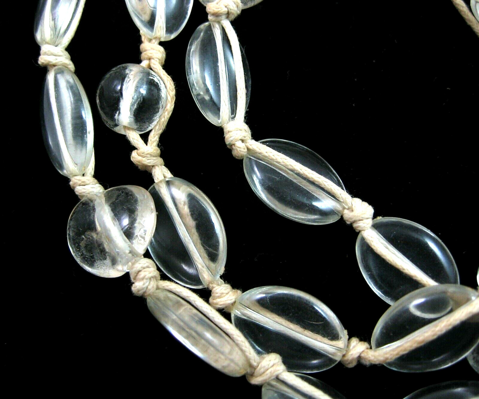 CLEAR GLASS BEAD Necklace Vintage 3 TRIPLE Strand Oval Round Beaded String 22″
