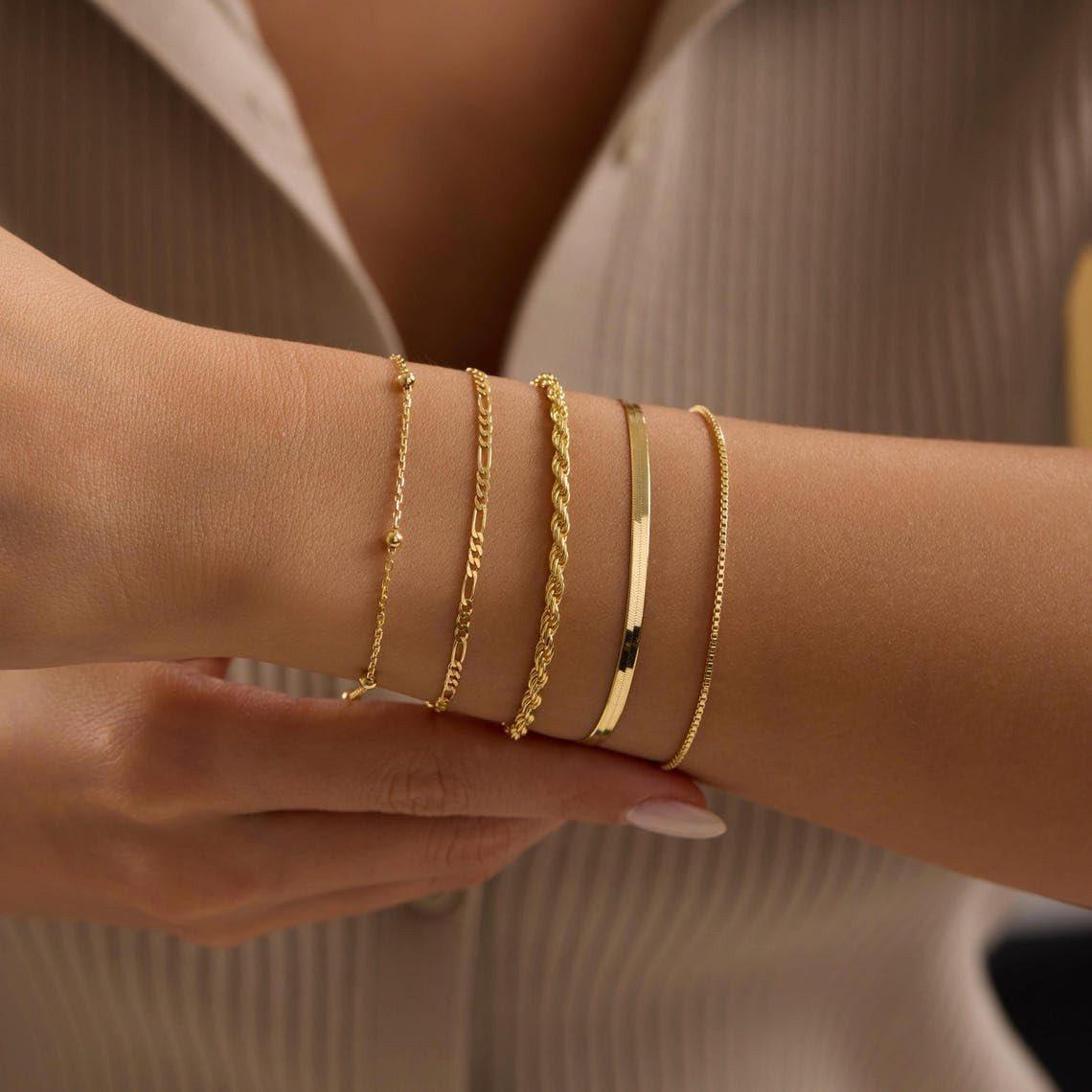 Gold Bracelets for Women Dainty 14K Gold Plated Stackable Bracelet Stack Set Tre