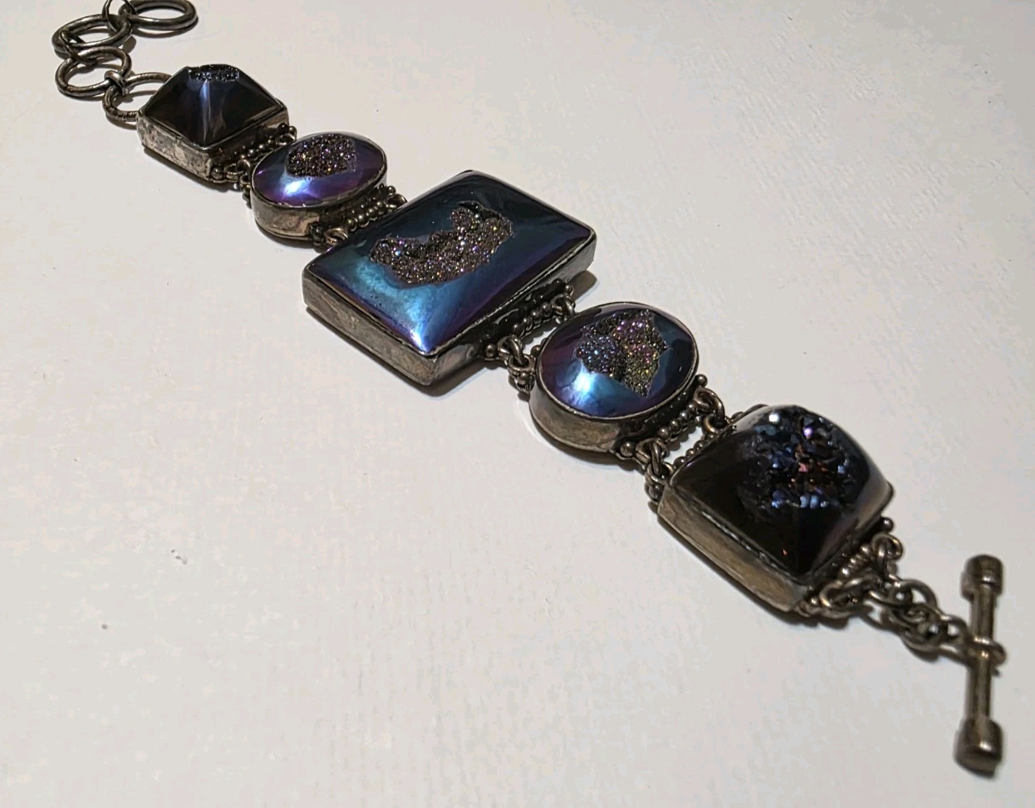 Signed SAJEN 925 Sterling Silver Chalcedony Amethyst Druzy Quartz Bracelet 45g