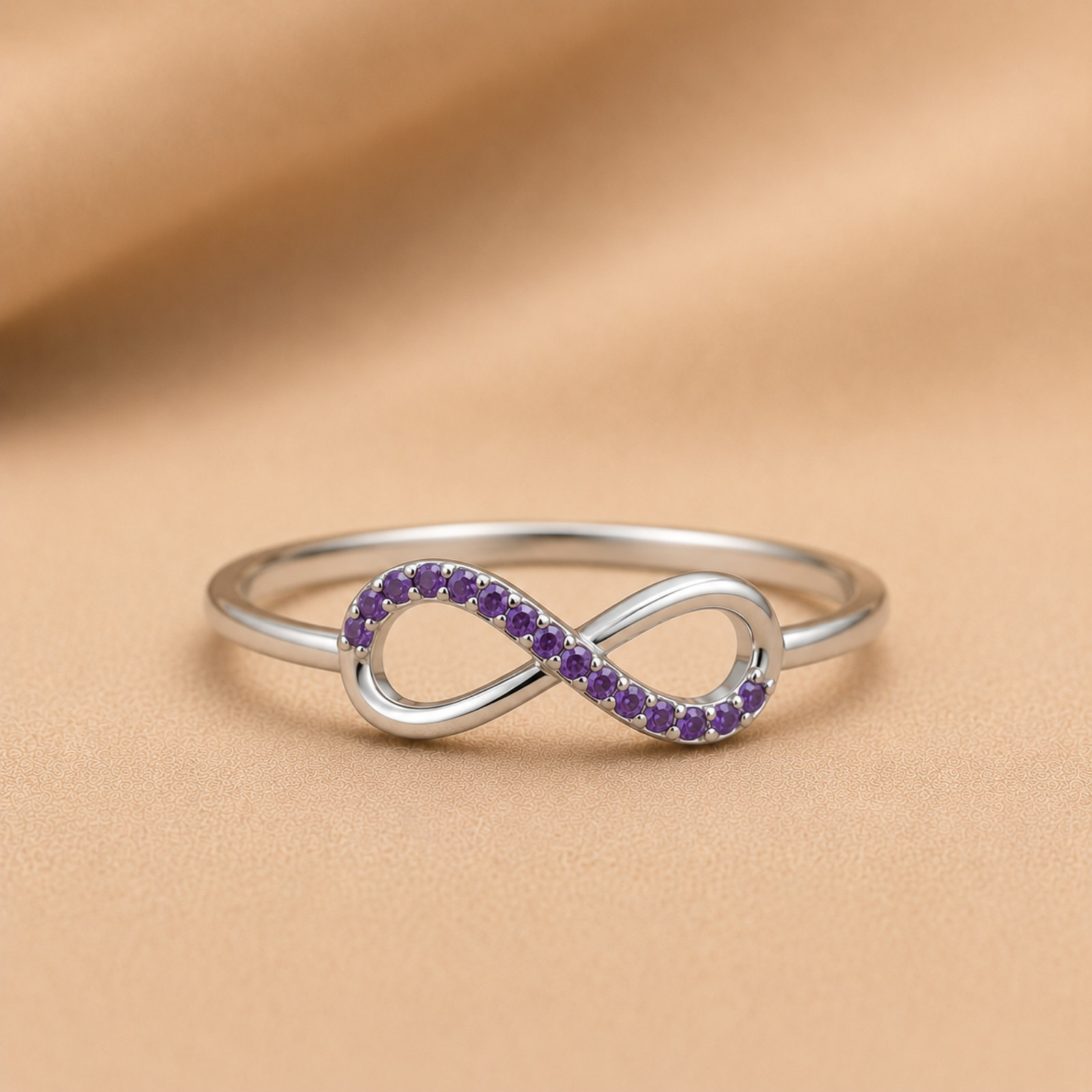 925 Sterling Silver Amethyst Infinity Ring Round Purple Gemstone Prong Set Women