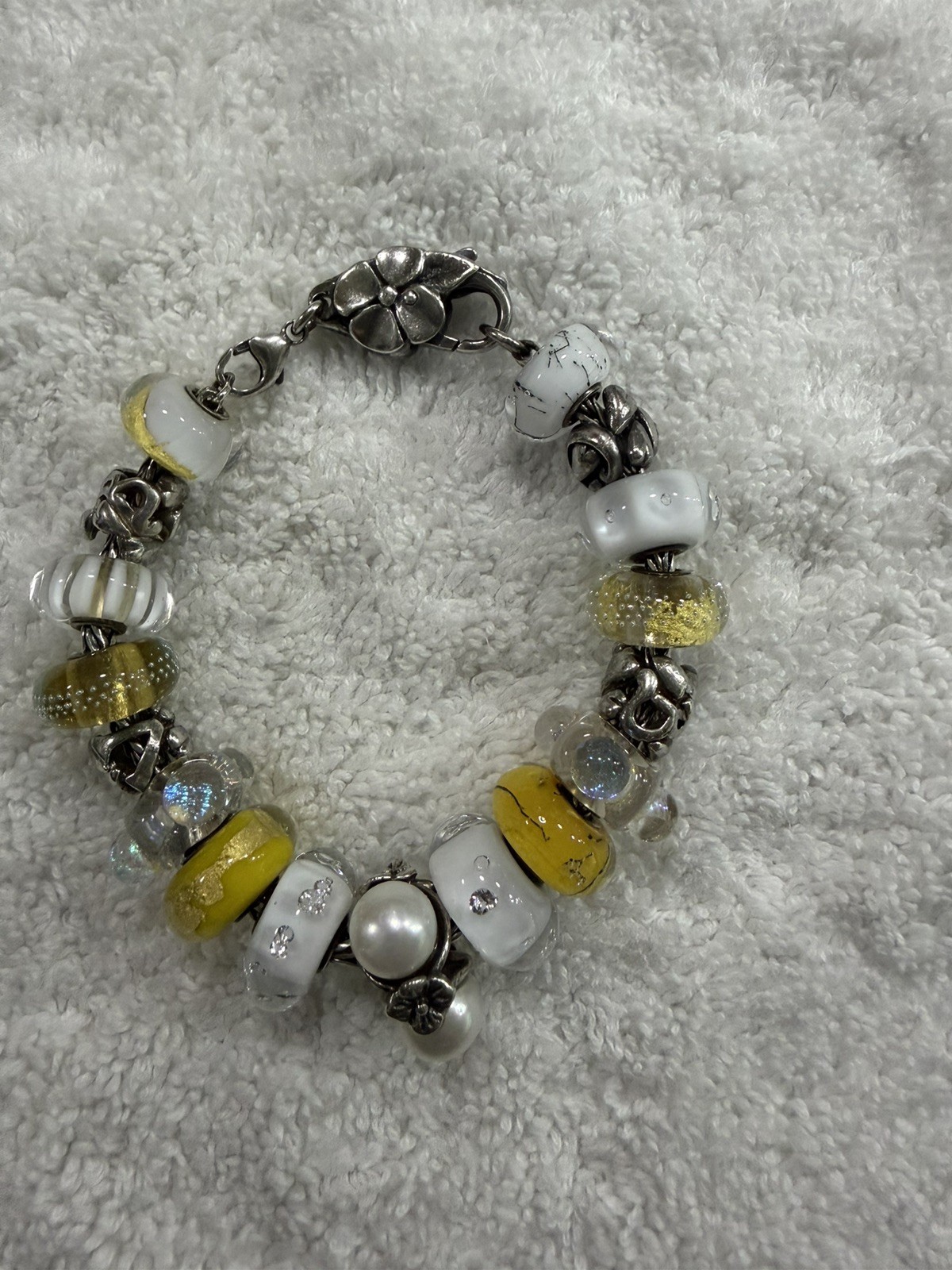 Trollbeads SS 7.5 inch Charm Bracelet with 17 Retired Charms in Whites & Yellows