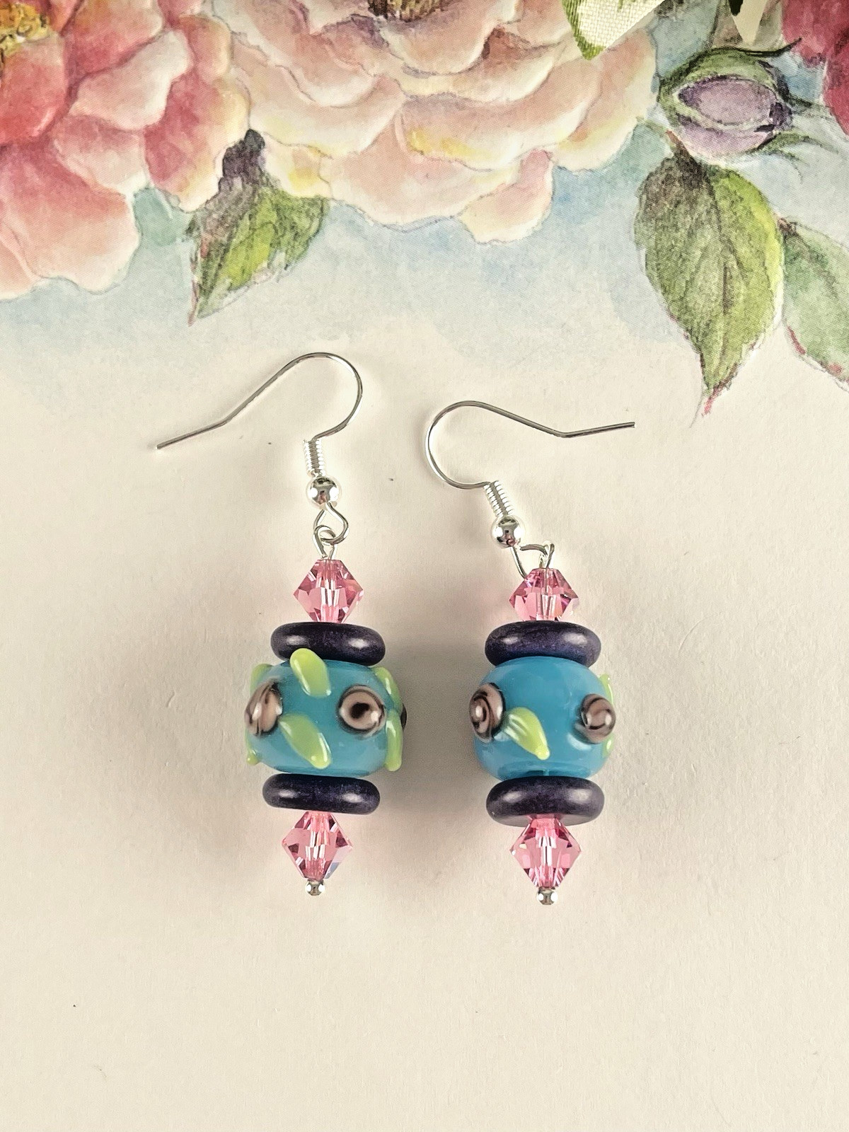 Navy Blue Aqua Floral Lampwork Bead Pink Crystal Silver Drop Earrings Artisan
