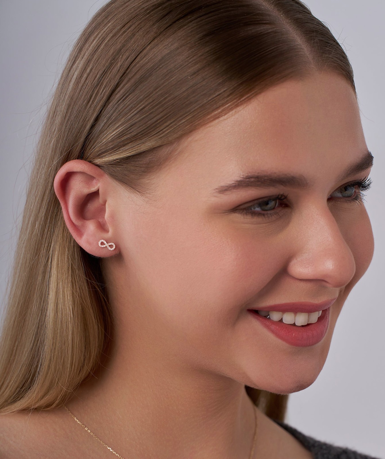 Round Cut Lab Grown Diamond 14K Gold Pave Diamond Infinity Symbol Stud Earrings