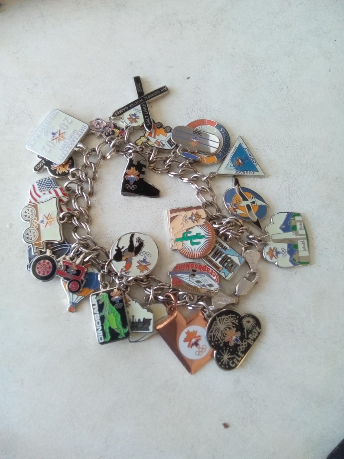 Vintage 2002 Olympics Salt Lake City Enamel Charms (25) On Sterling Bracelet