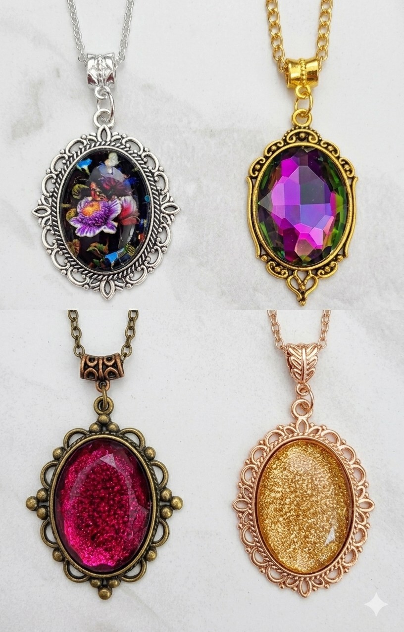 Set of 4 Long Pendant Necklaces 28″ Oval Crystal Floral Vintage Style Lot New