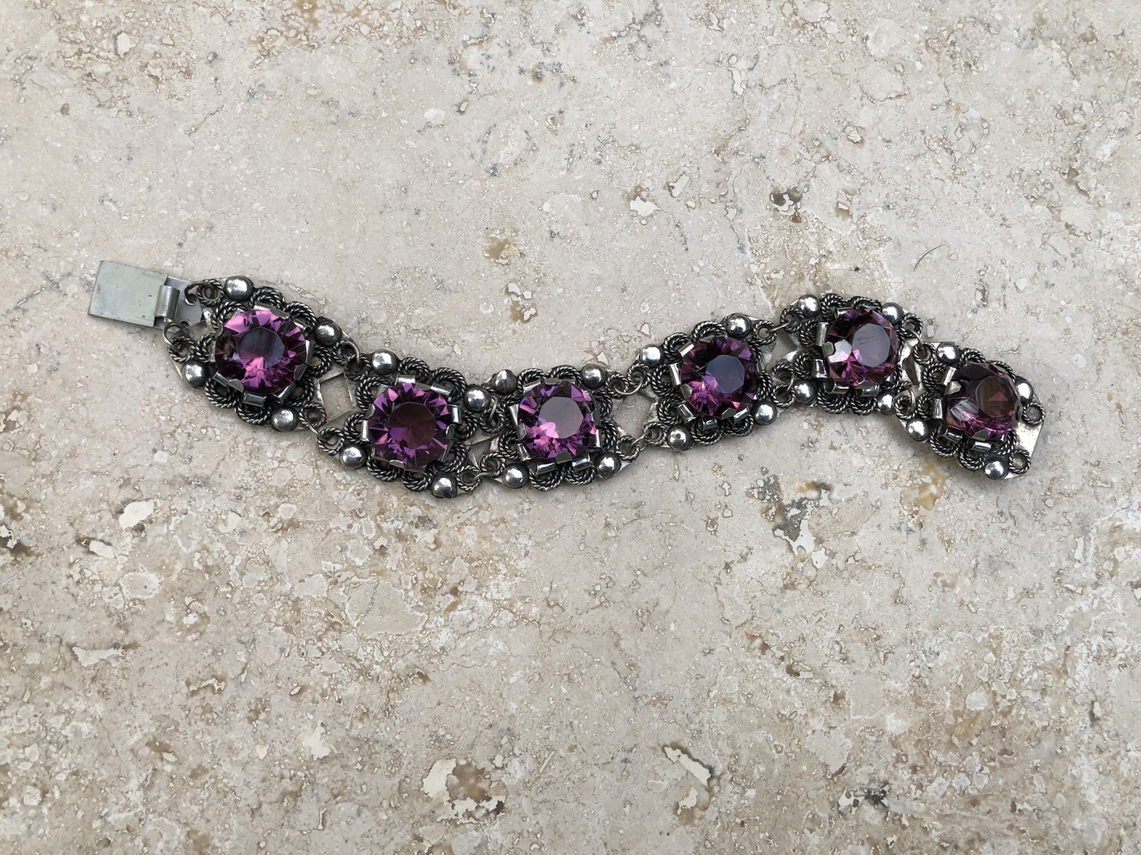 🌟🍇Vintage MEXICO STERLING SILVER Purple Color Stones STATEMENT PANEL Bracelet