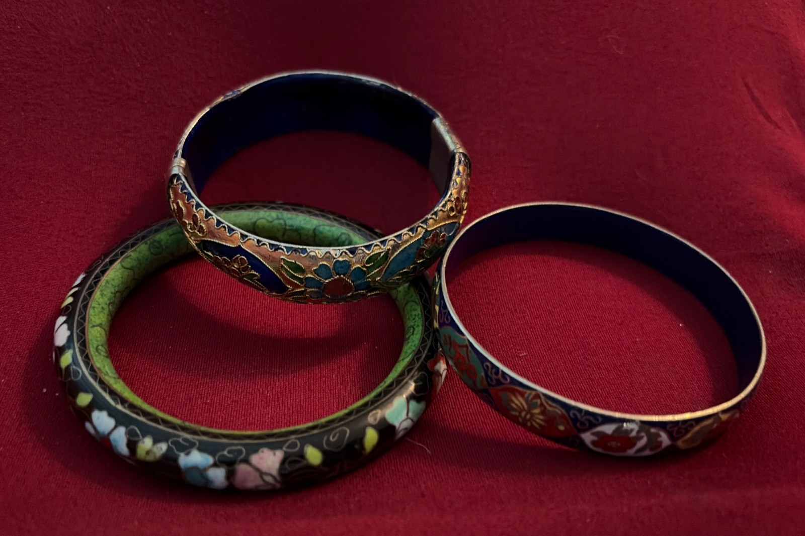Three Vintage High End Cloisonné Bangle Bracelet One Hinged Antique