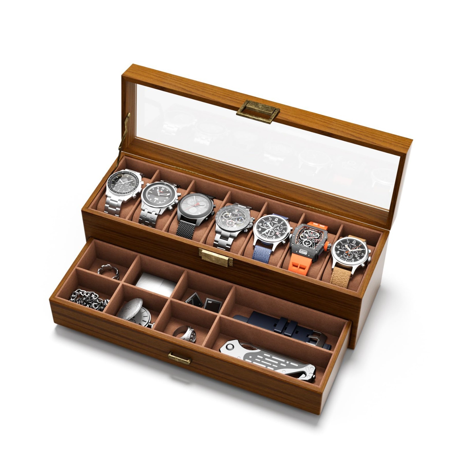 Men’s Watch Case Box – 7 Slots, 2-Layer Wood Grain Organizer with Jewelry Drawer