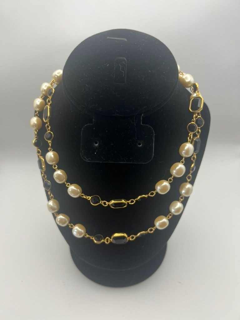Vintage Sautoir Necklace Faux Pearl Black Glass Bezel Gold Chain Long Rope