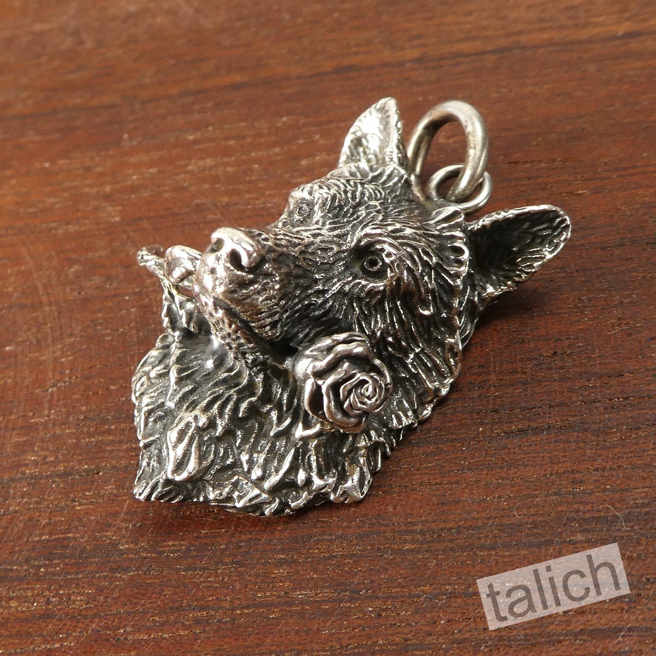 Solid 925 Sterling Silver 3D Wolf Head with Rose Flower Unisex Biker Pendant