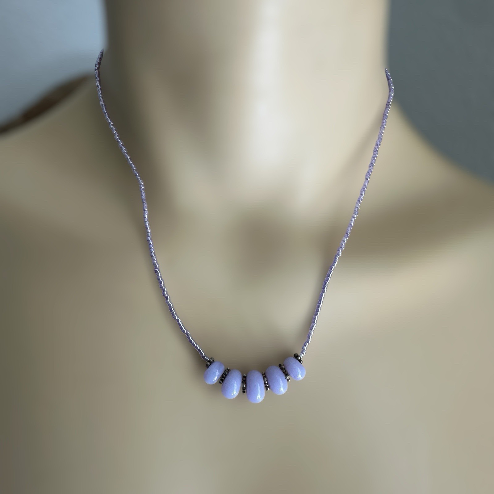 Vintage Necklace 15 Inch Lavender Glass Beads 925 Sterling Silver Clasp Spacers