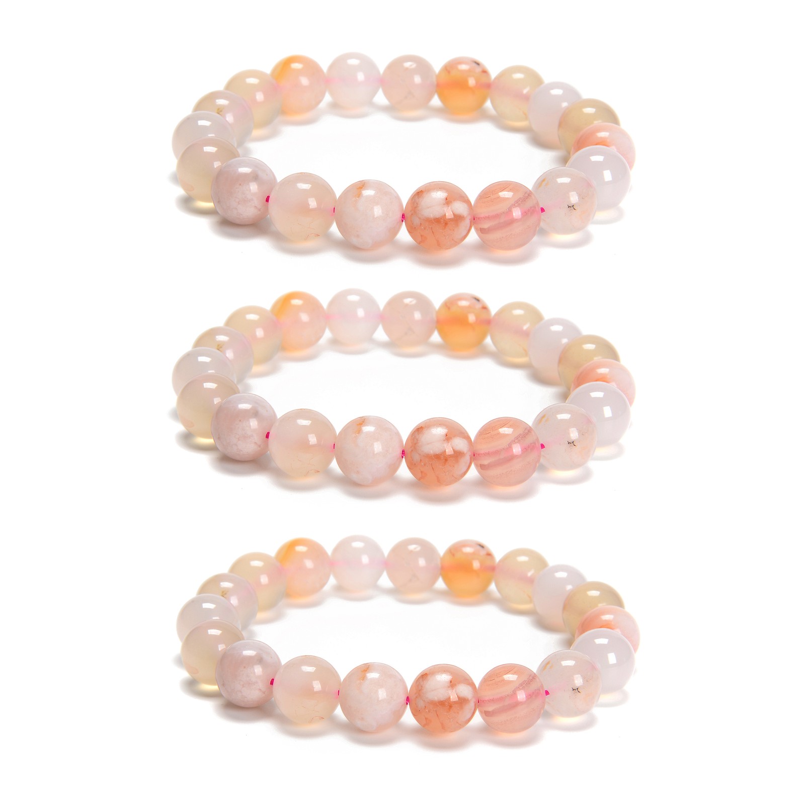 Cherry Flower Sakura Agate Smooth Round Bracelet 10mm 7.5” Length Sold by Piece