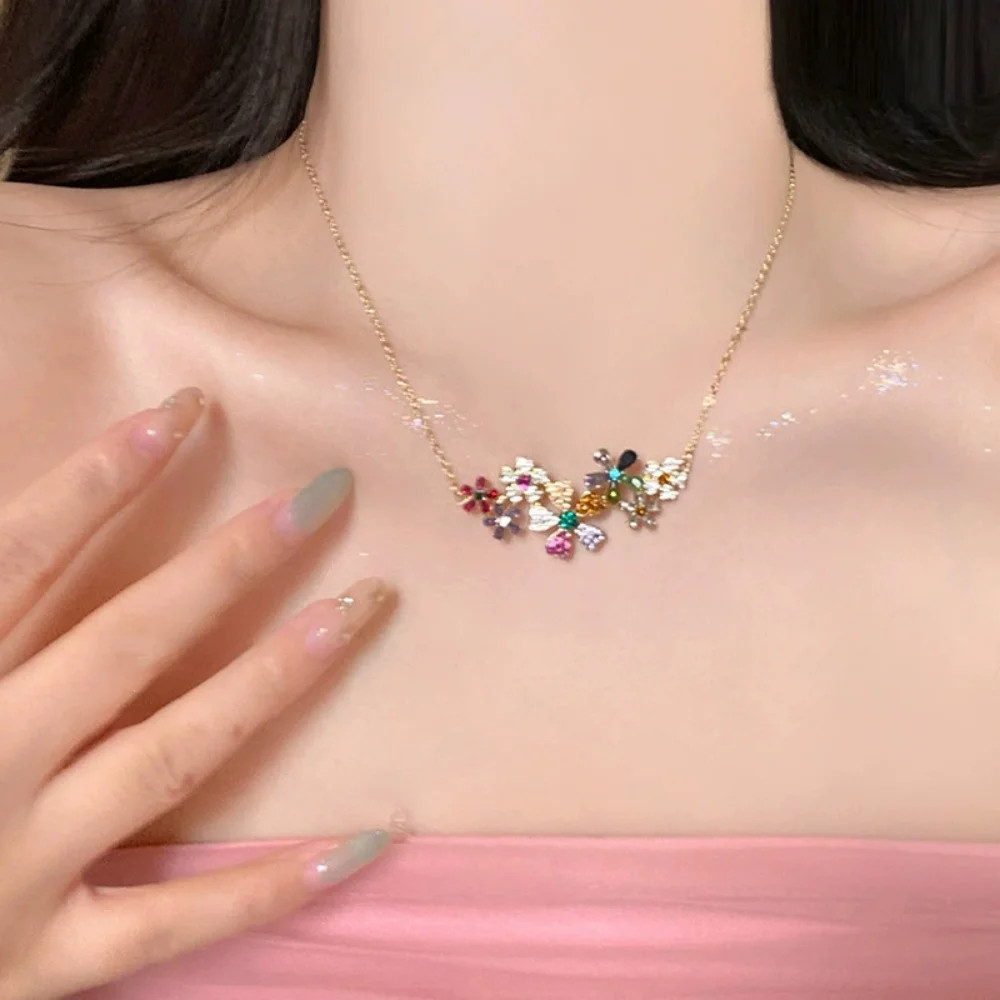 Geometry Colored Zircon Flower Necklace Earrings Women’s Trendy Fashion Jewelry