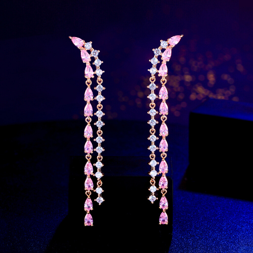 Fresh and sweet fairy style pink diamond tassel earrings with zircon earrings