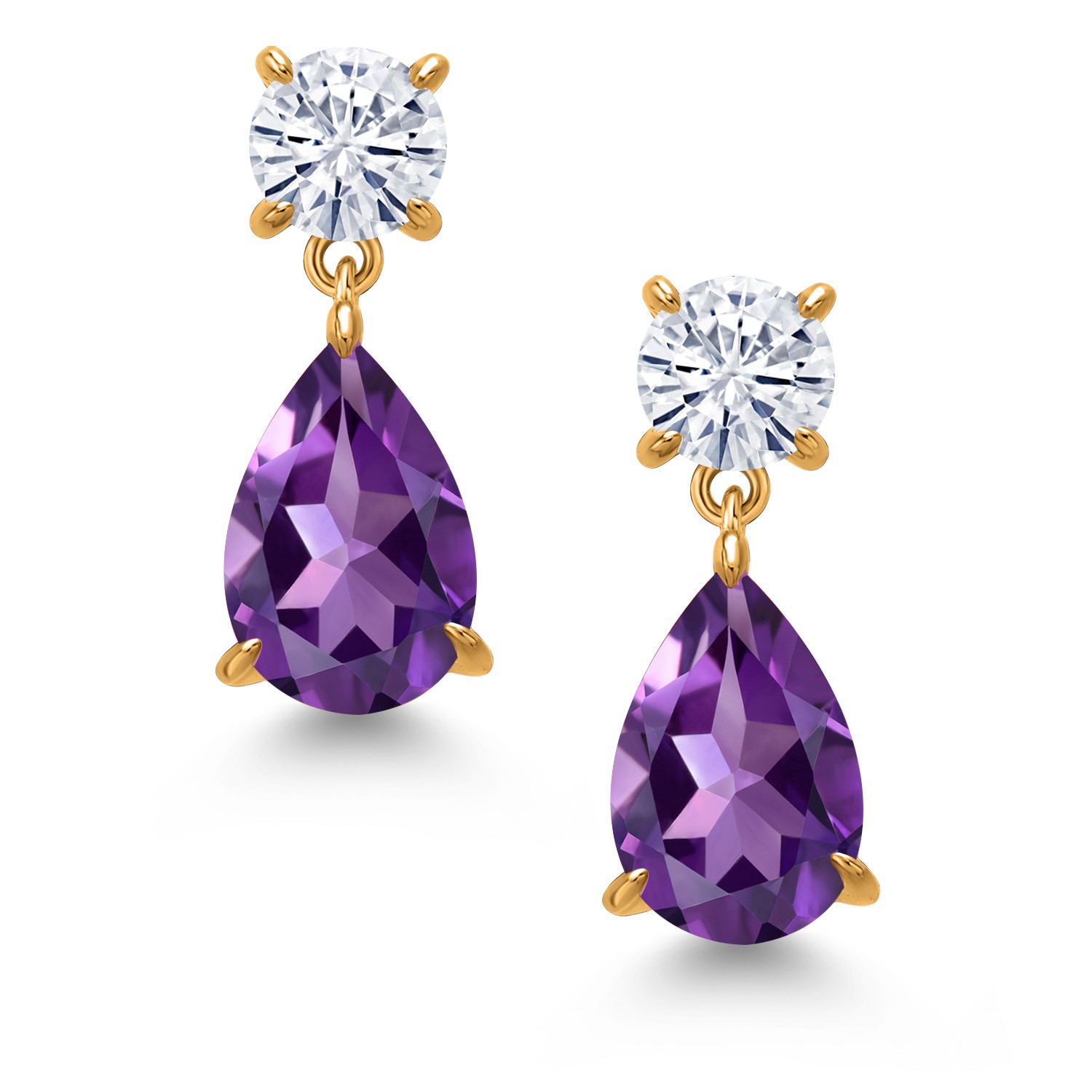18K Yellow Gold Plated Silver Amethyst and White Moissanite Teardrop Dangle