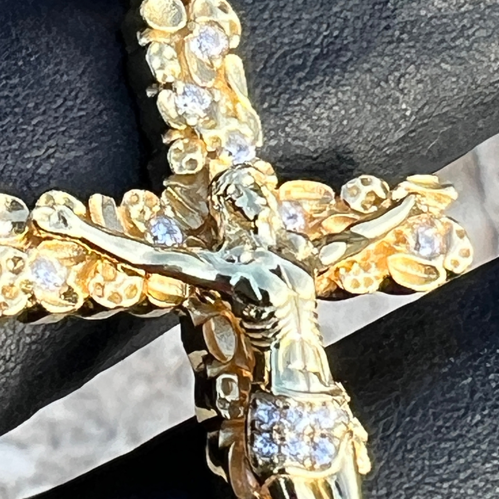 14K Gold Plated 925 Sterling Silver Nugget Jesus Crucifix Cross CZ Iced Pendant
