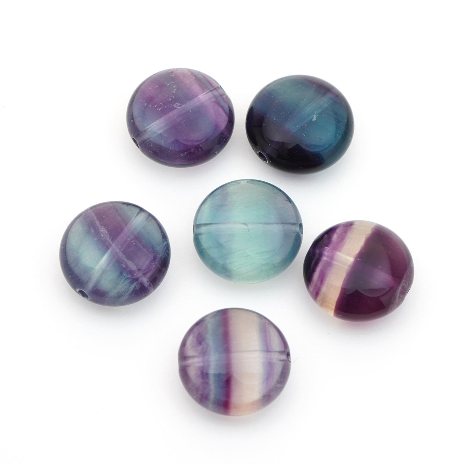 6 flat round green purple fluorite beads multicolor stone lentils avg 14mm