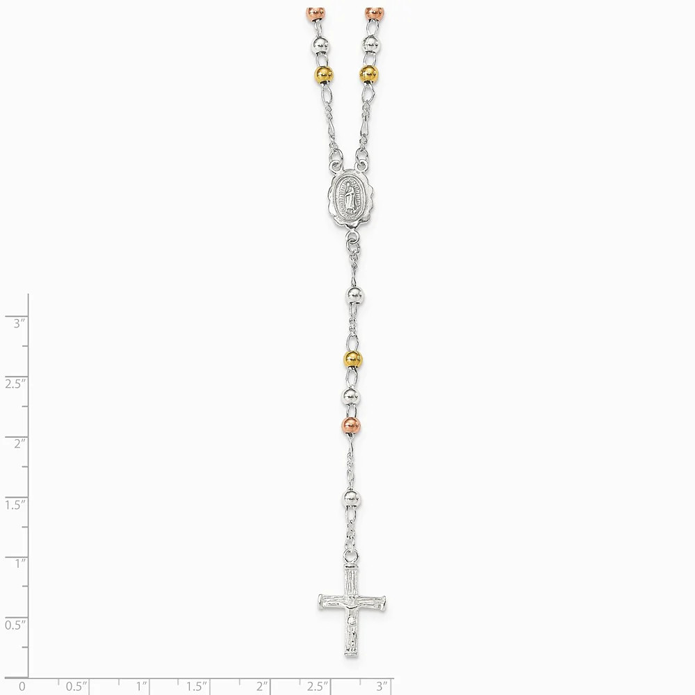 Sterling Silver Yellow & Rose Flash Gold-Plated Rosary Necklace