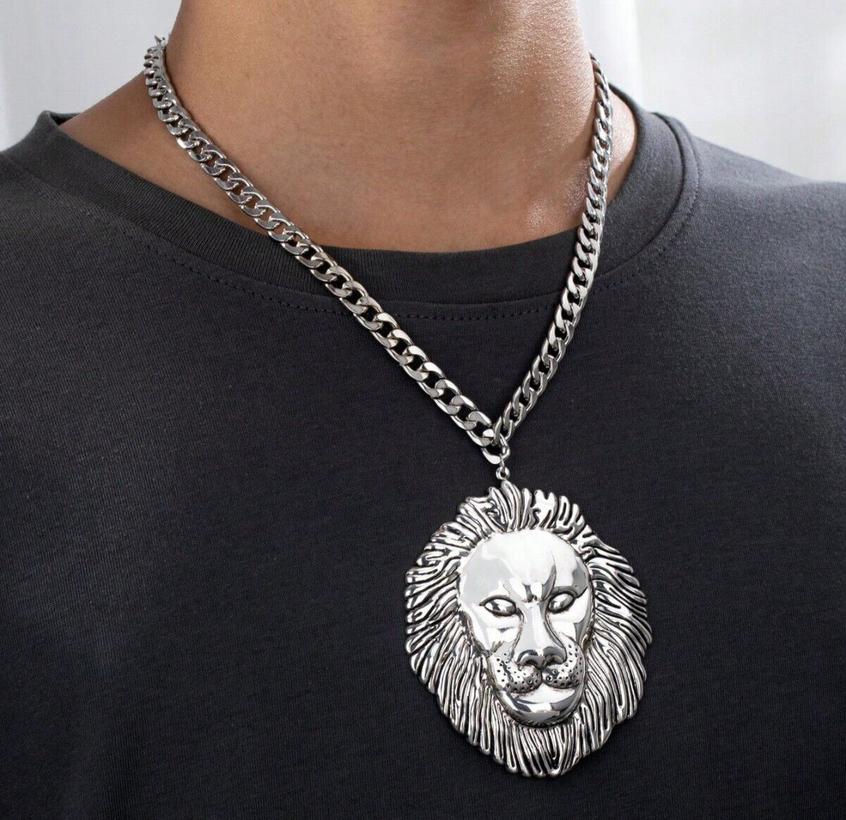 HIP HOP SILVER PLATED LARGE LION HEAD PENDANT 8mm 22″ CUBAN CHAIN BLING NECKLACE
